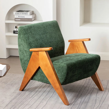 Mid Century Modern Chenille & Solid Oak Wood Nordic Design Lounge Accent Chair