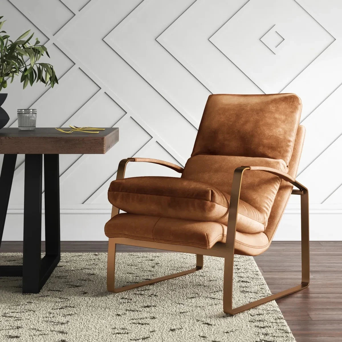 Mid Century Modern Brushed Metal & Suede Leather Nordic Lounge Accent Chair