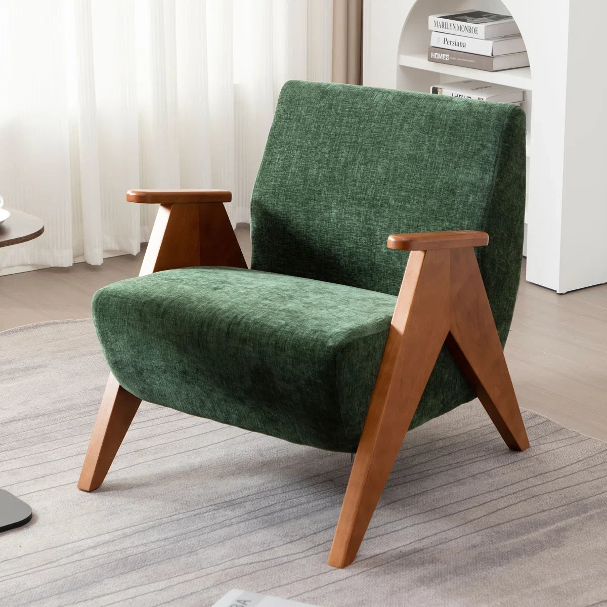 Mid Century Modern Chenille & Solid Oak Wood Nordic Design Lounge Accent Chair