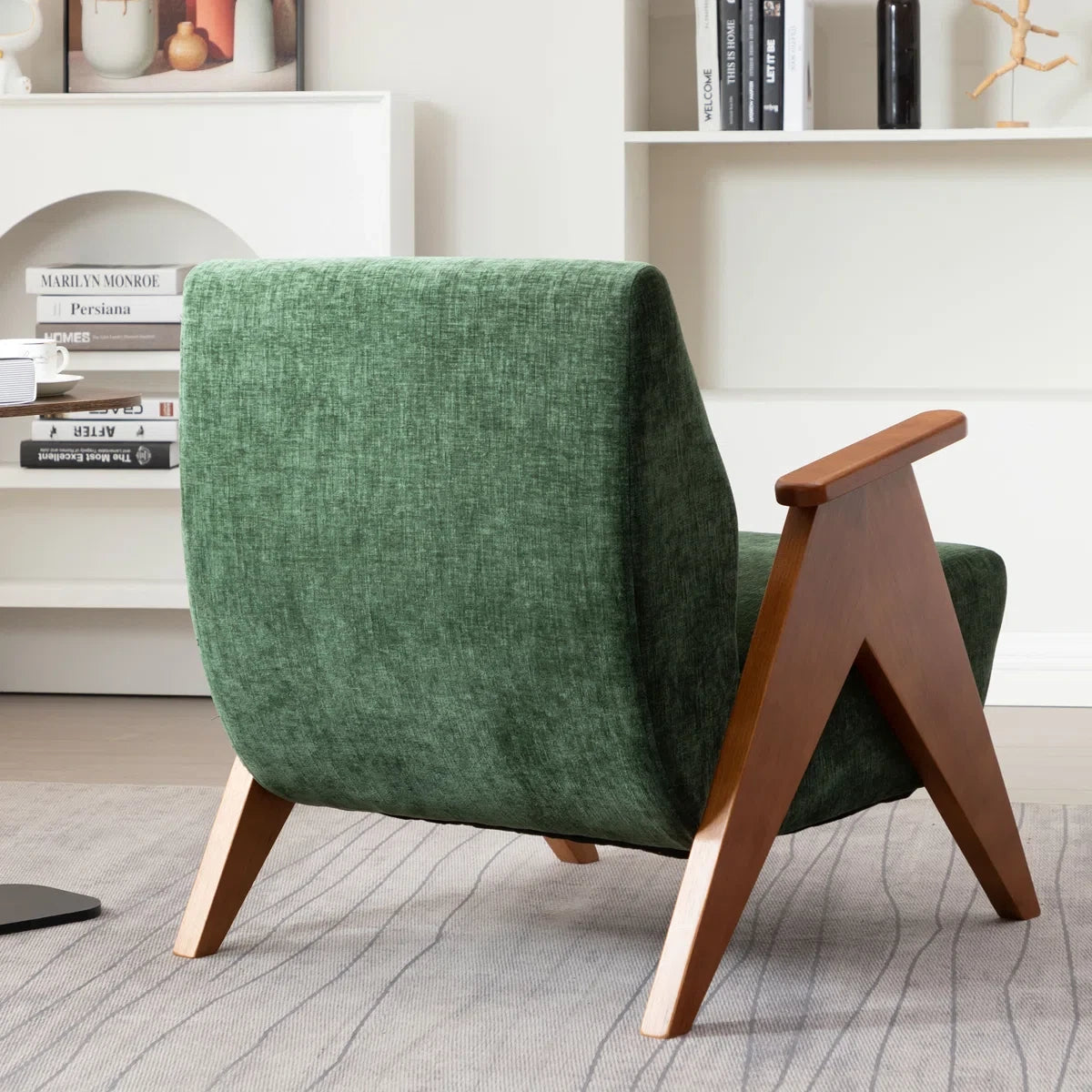 Mid Century Modern Chenille & Solid Oak Wood Nordic Design Lounge Accent Chair